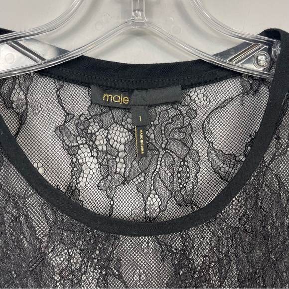 MAJE Paris Black Lace Inset Sheer Tee Shirt Top Short Sleeve Sexy 1 S Whimsigoth - Picture 6 of 12